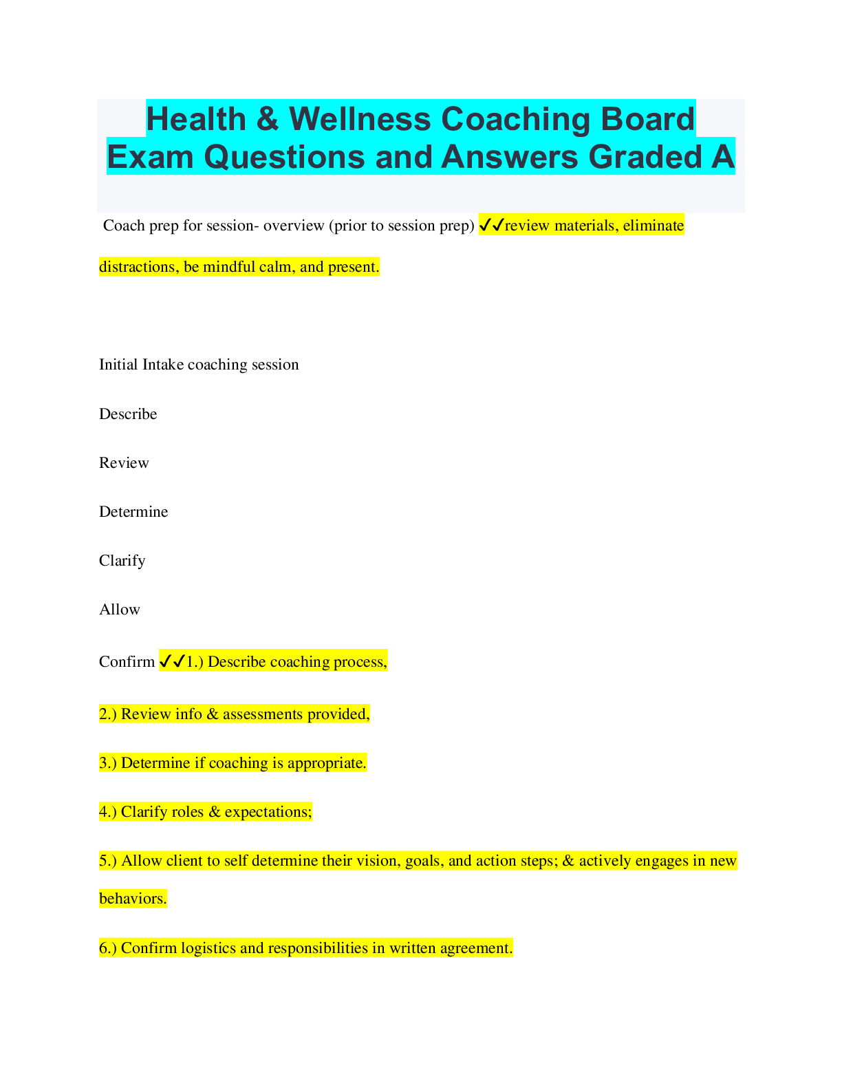 Preview of Health & Wellness Coaching Board Exam Questions and Answers Graded A